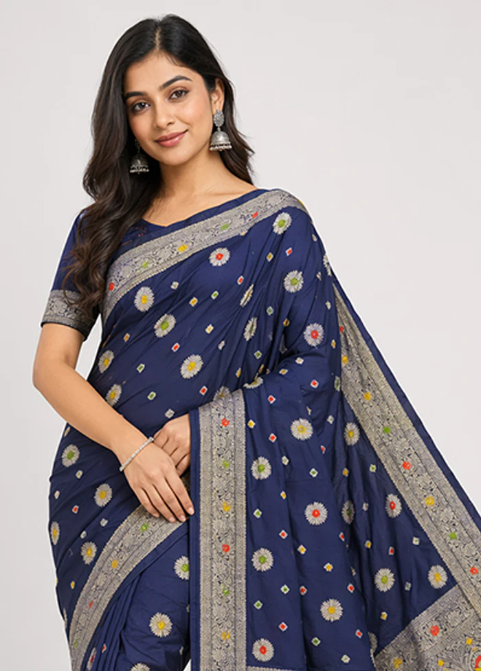 Blue Dupion Silk Saree With Blouse Piece - Image 2