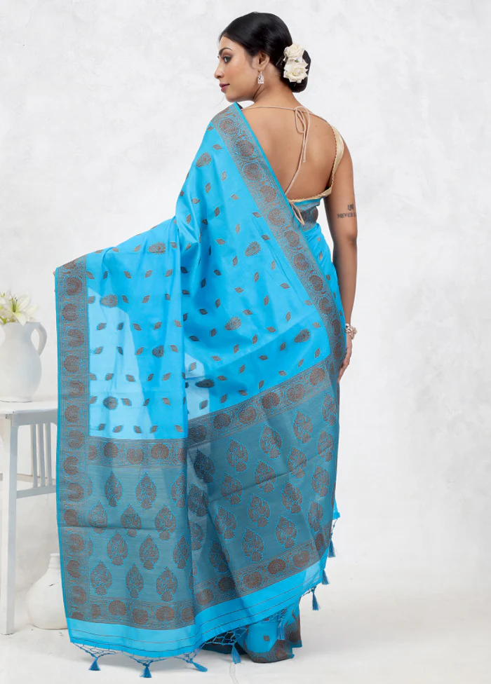 Blue Dupion Silk Saree With Blouse Piece - Image 3