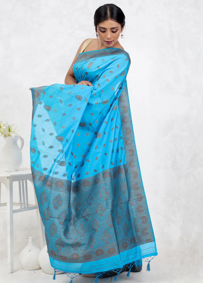 Blue Dupion Silk Saree With Blouse Piece - Image 4