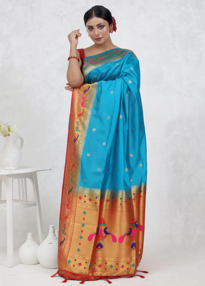 Blue Dupion Silk Saree With Blouse Piece - Image 2