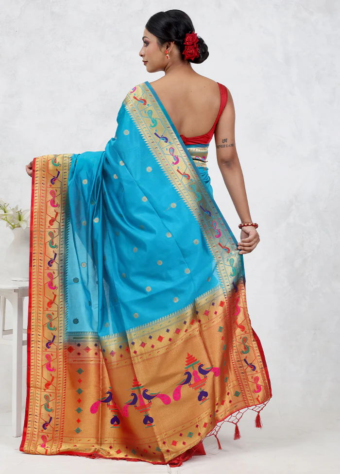 Blue Dupion Silk Saree With Blouse Piece - Image 3