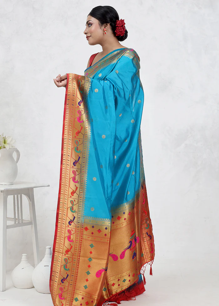 Blue Dupion Silk Saree With Blouse Piece - Image 4