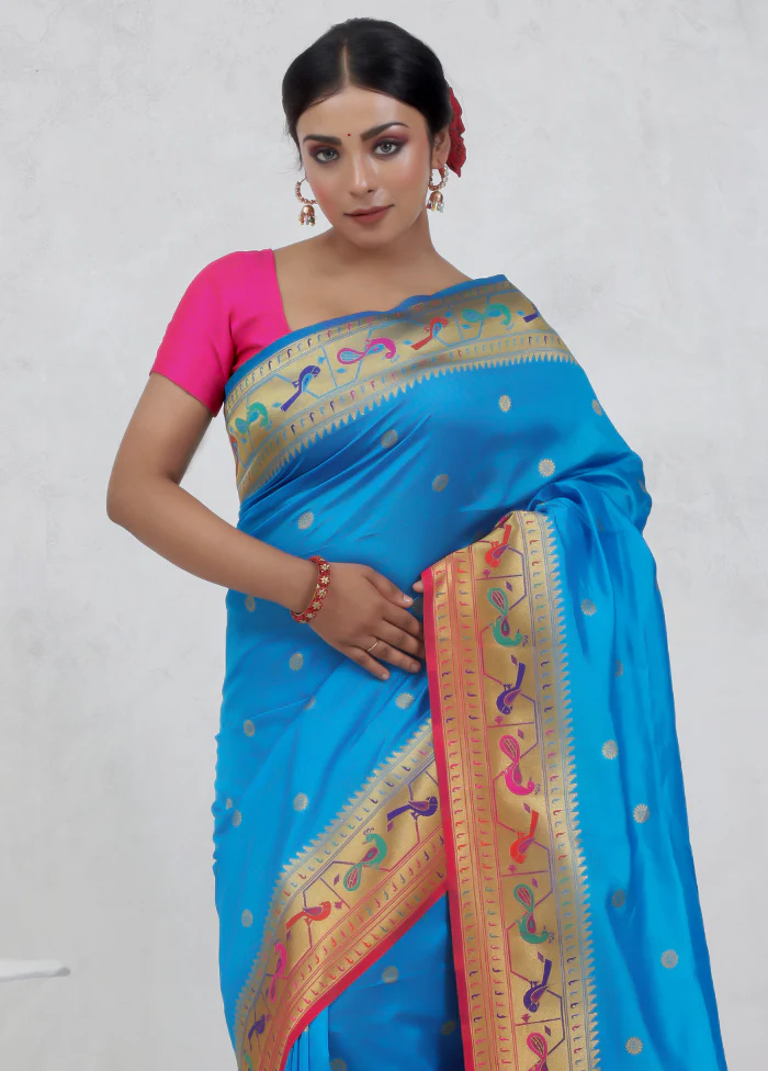 Blue Dupion Silk Saree With Blouse Piece