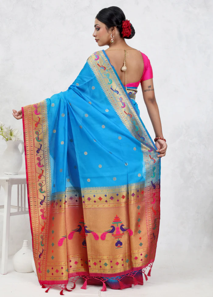 Blue Dupion Silk Saree With Blouse Piece - Image 3
