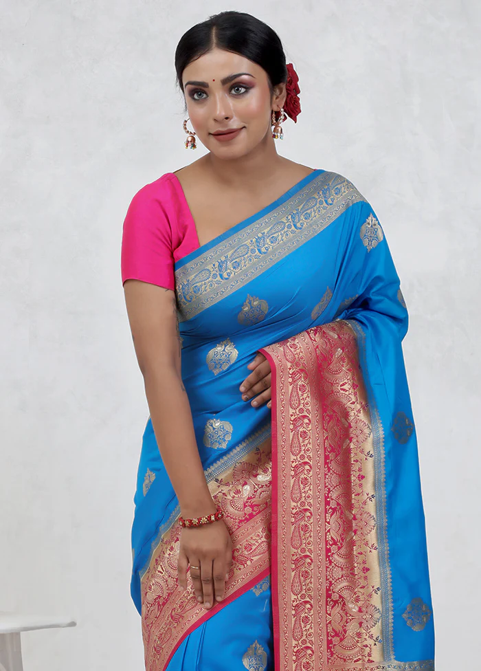 Blue Dupion Silk Saree With Blouse Piece