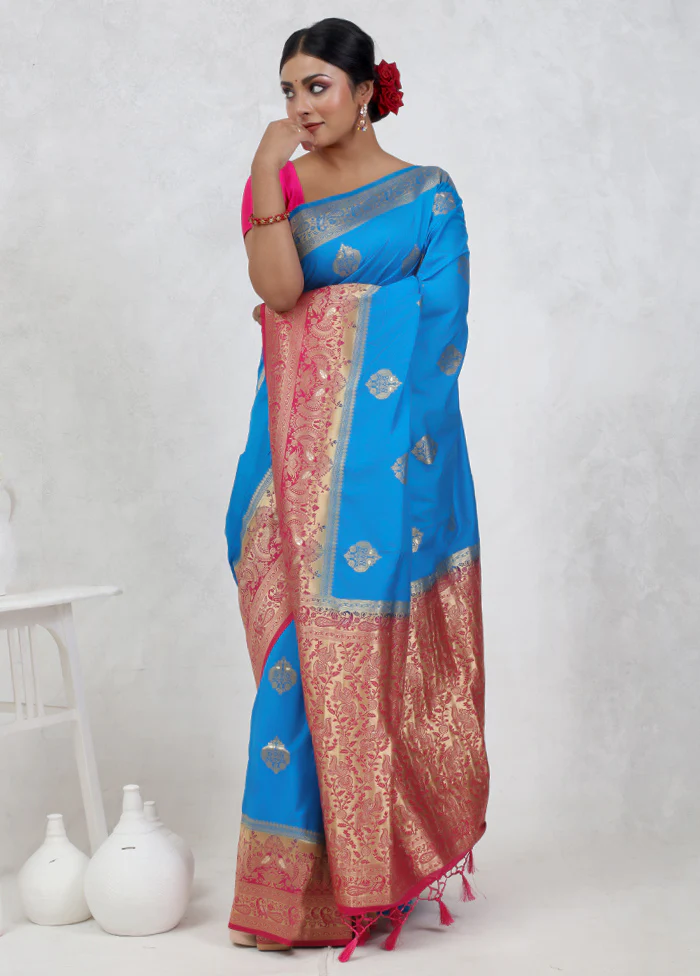 Blue Dupion Silk Saree With Blouse Piece - Image 2