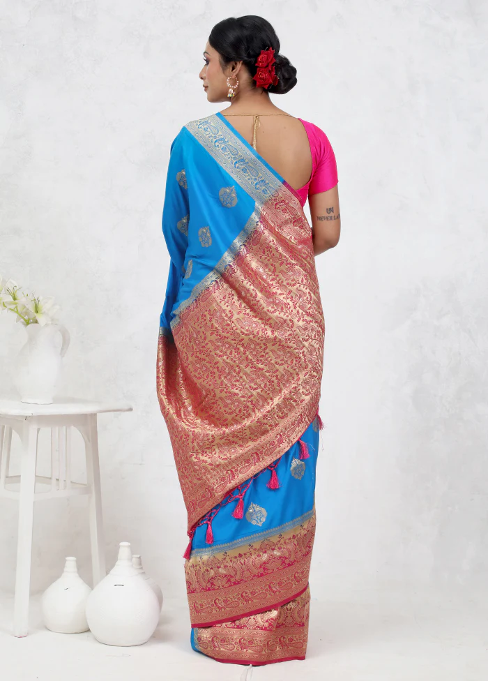 Blue Dupion Silk Saree With Blouse Piece - Image 3
