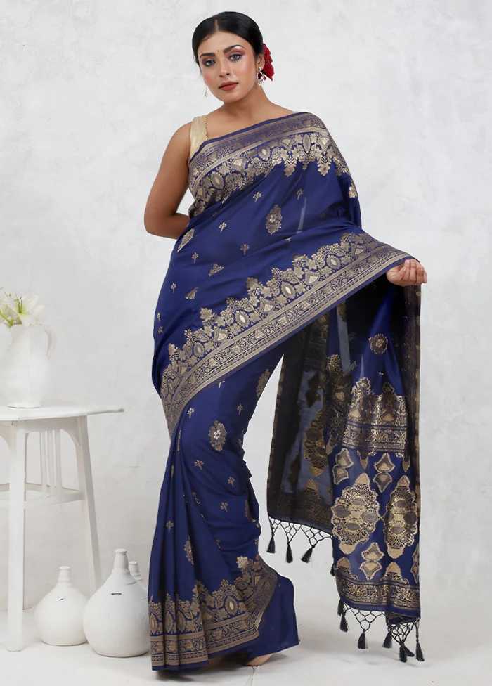 Blue Dupion Silk Saree With Blouse Piece - Image 2