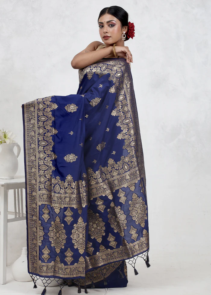 Blue Dupion Silk Saree With Blouse Piece - Image 4