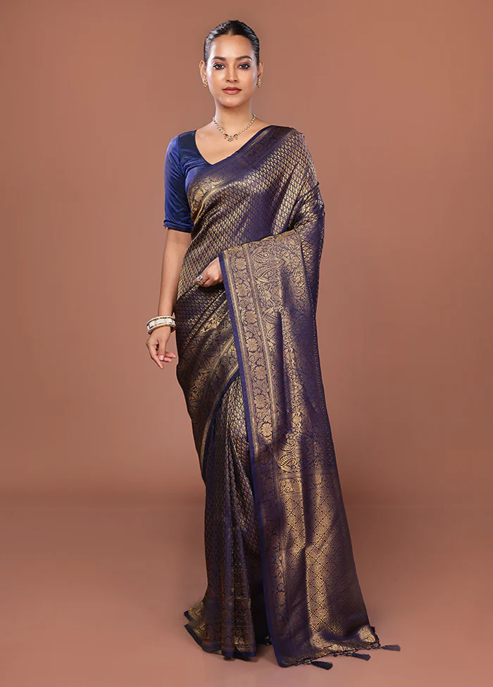 Blue Dupion Silk Saree With Blouse Piece - Image 2