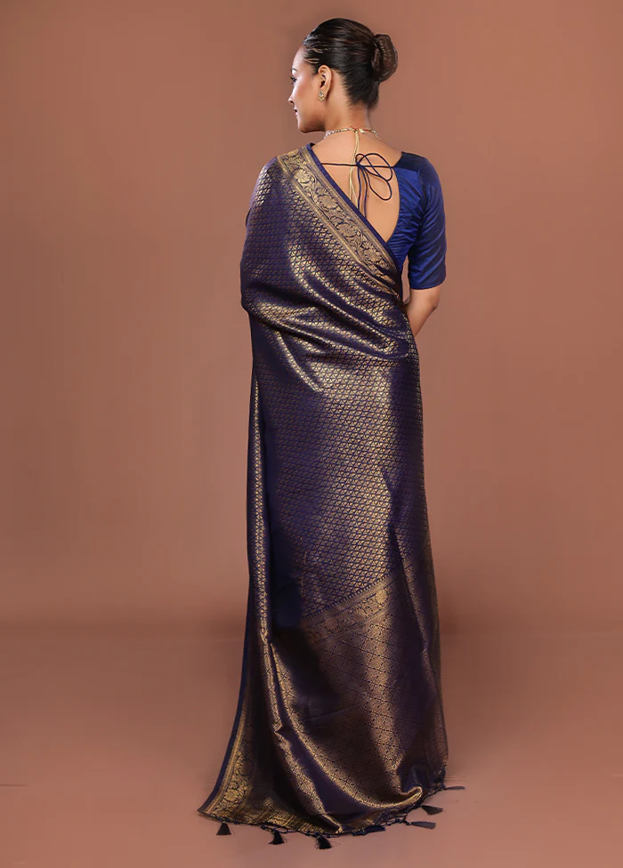 Blue Dupion Silk Saree With Blouse Piece - Image 3
