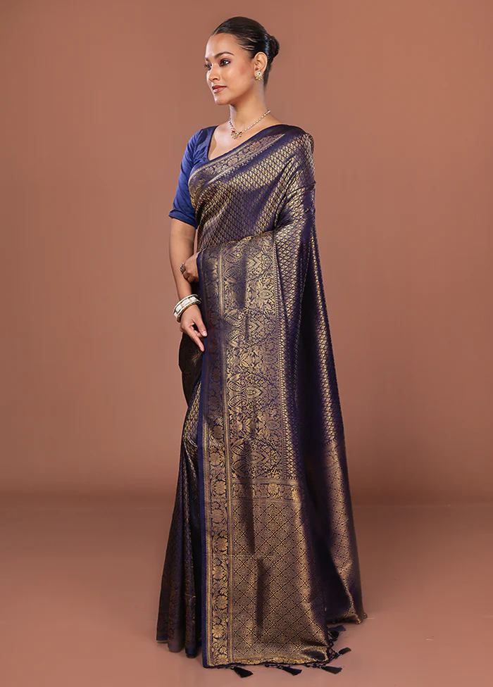 Blue Dupion Silk Saree With Blouse Piece - Image 4