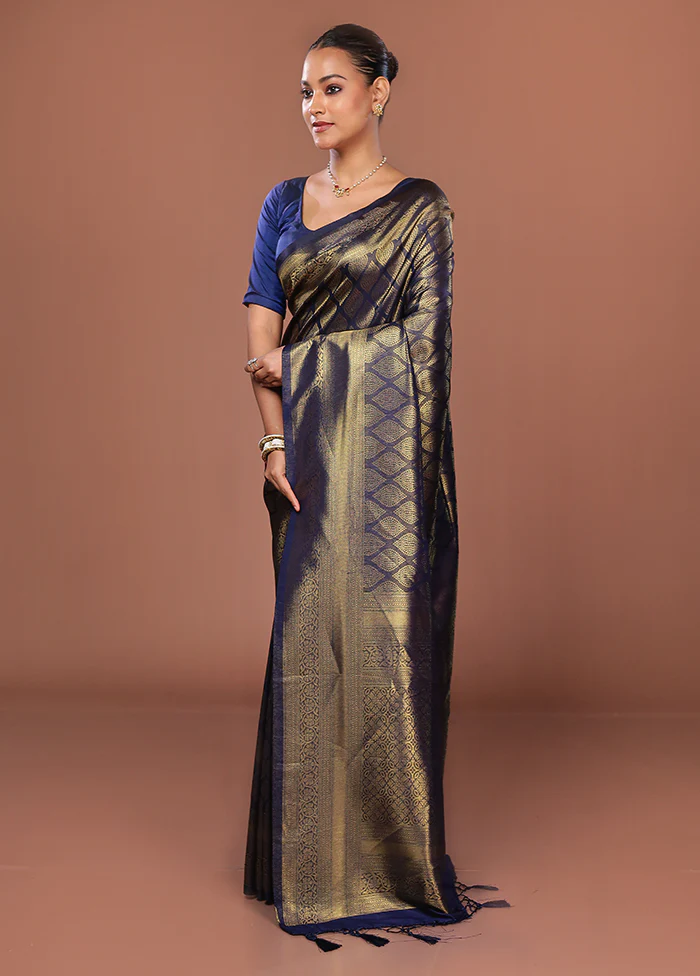 Blue Dupion Silk Saree With Blouse Piece - Image 4