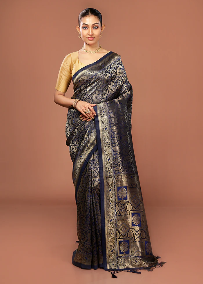 Blue Dupion Silk Saree With Blouse Piece - Image 2