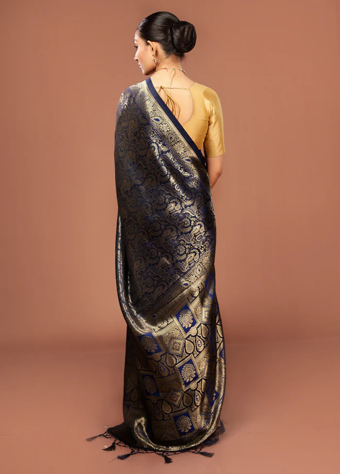 Blue Dupion Silk Saree With Blouse Piece - Image 3