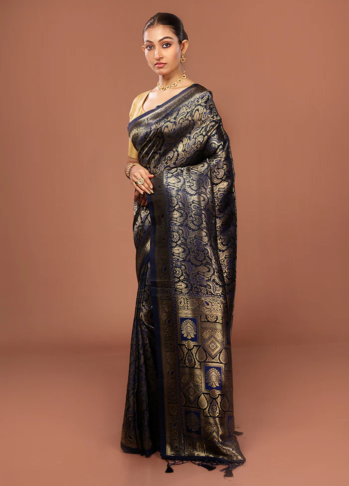Blue Dupion Silk Saree With Blouse Piece - Image 4