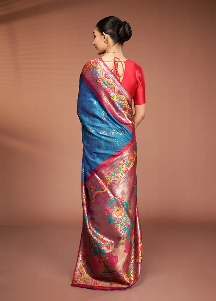 Blue Dupion Silk Saree With Blouse Piece - Image 3