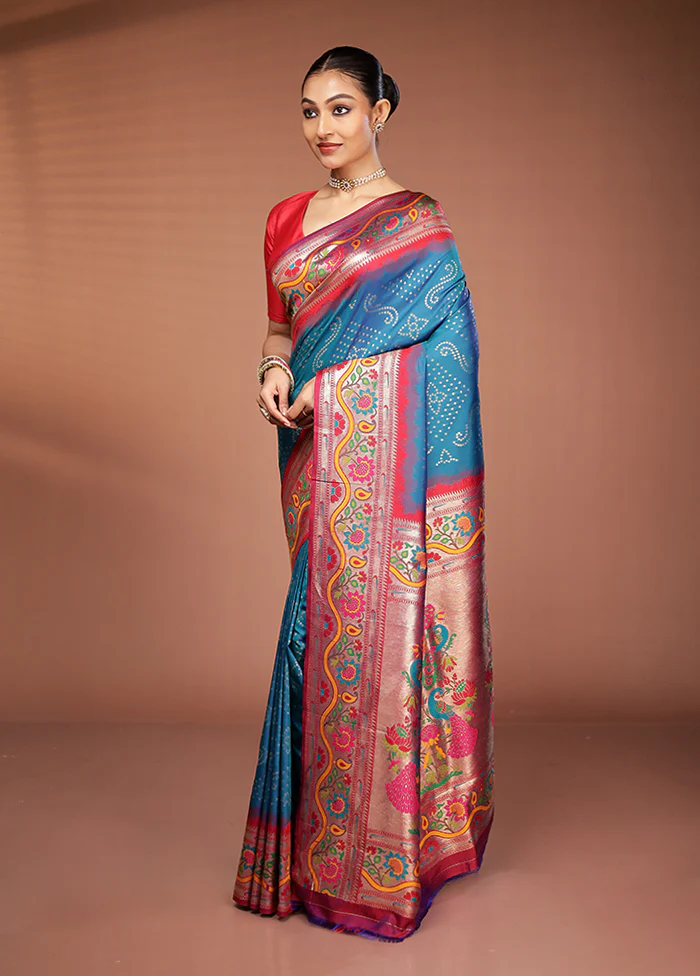 Blue Dupion Silk Saree With Blouse Piece - Image 4