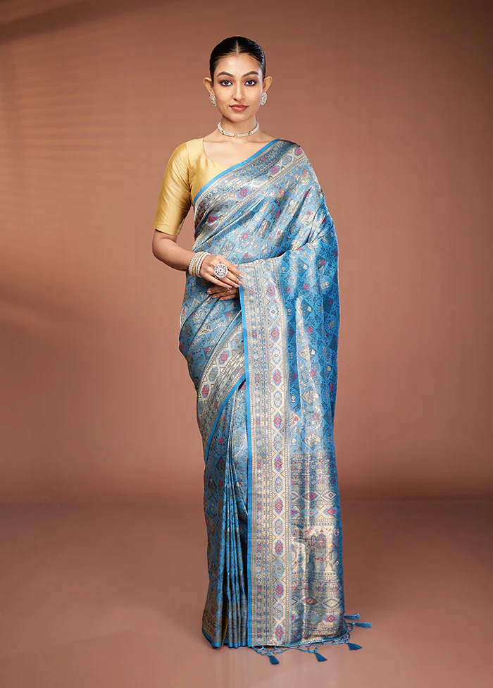 Blue Dupion Silk Saree With Blouse Piece - Image 2