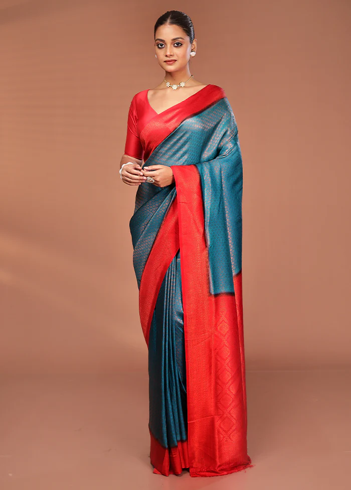 Blue Dupion Silk Saree With Blouse Piece - Image 2