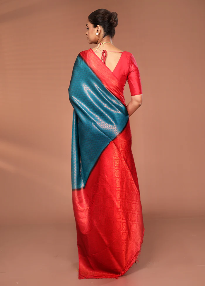 Blue Dupion Silk Saree With Blouse Piece - Image 3