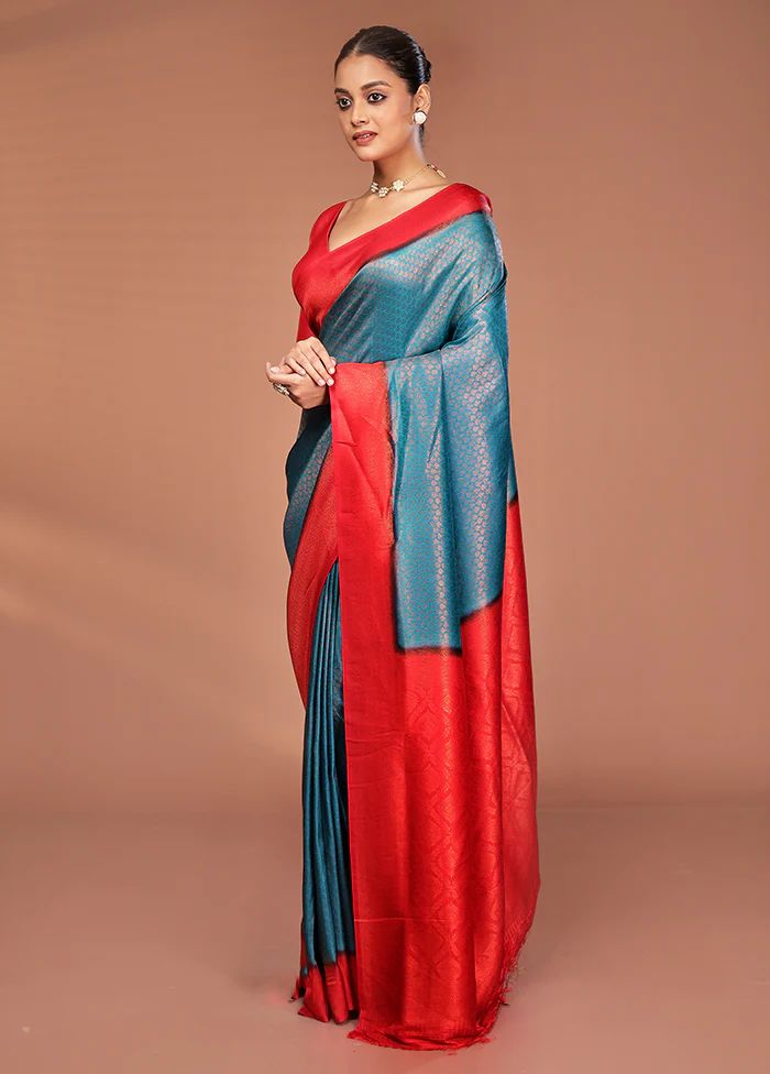 Blue Dupion Silk Saree With Blouse Piece - Image 4