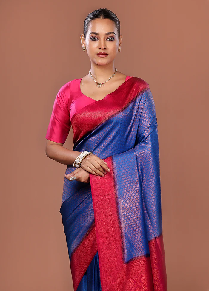 Blue Dupion Silk Saree With Blouse Piece