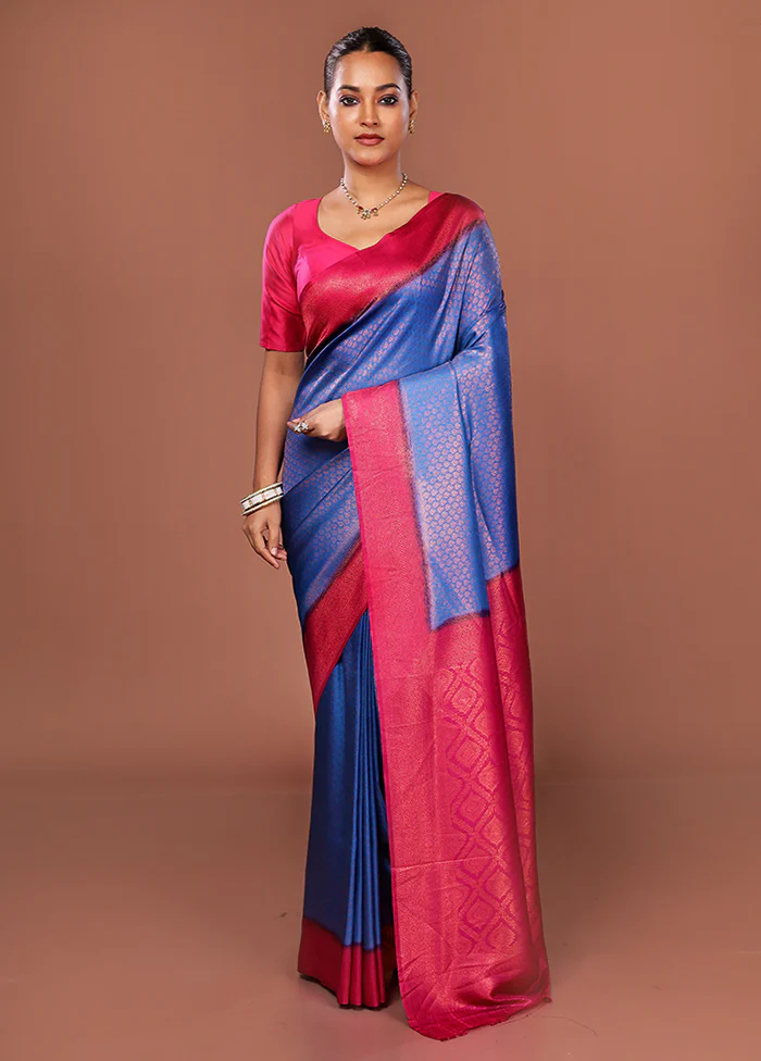 Blue Dupion Silk Saree With Blouse Piece - Image 2