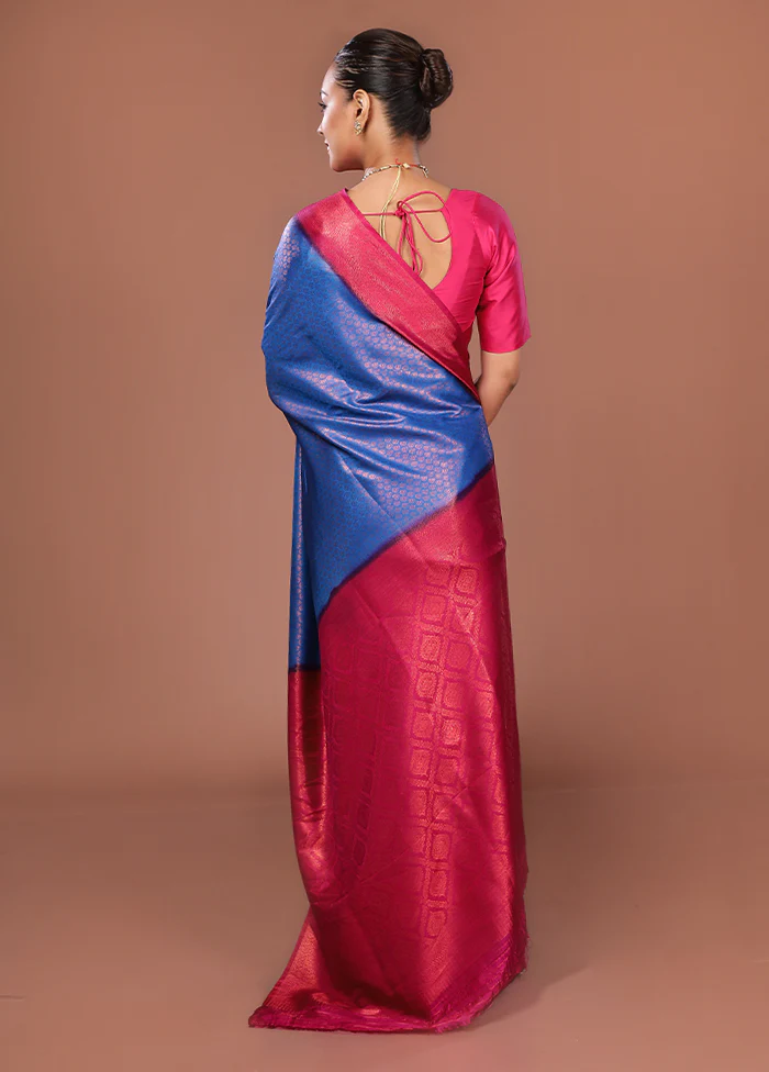 Blue Dupion Silk Saree With Blouse Piece - Image 3