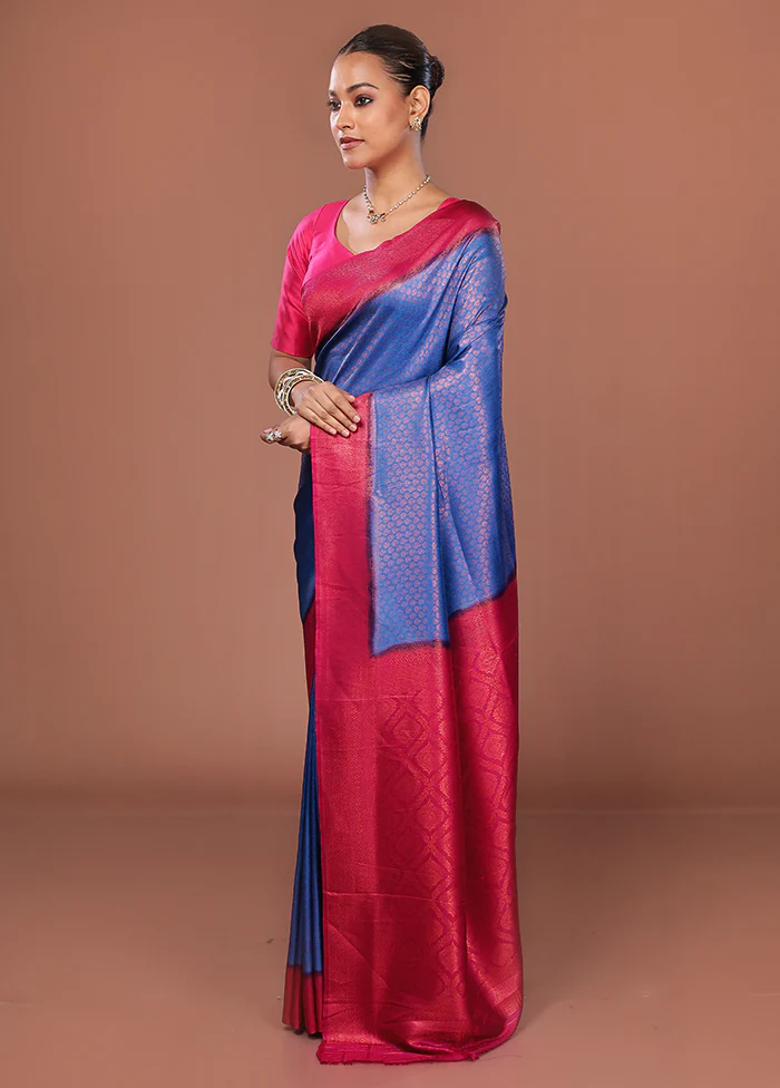 Blue Dupion Silk Saree With Blouse Piece - Image 4
