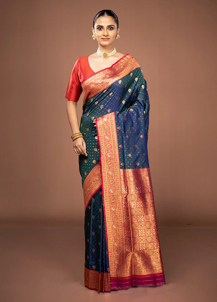 Blue Dupion Silk Saree With Blouse Piece - Image 2