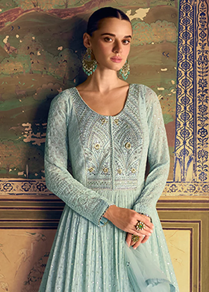 Blue Embroidery Work Georgette Anarkali Suits - Image 2