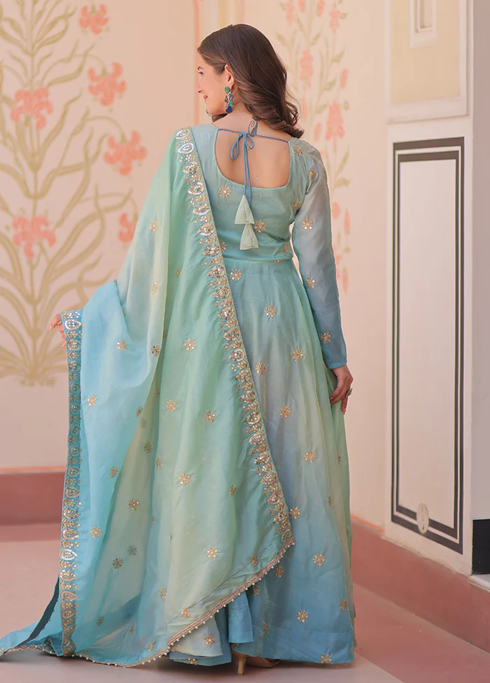 Blue Embroidery Work Organza Gown With Dupatta Set - Image 3