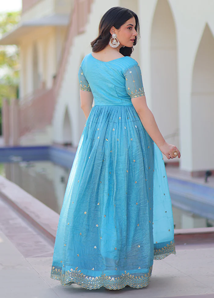 Blue Embroidery Work Silk Gown - Image 3
