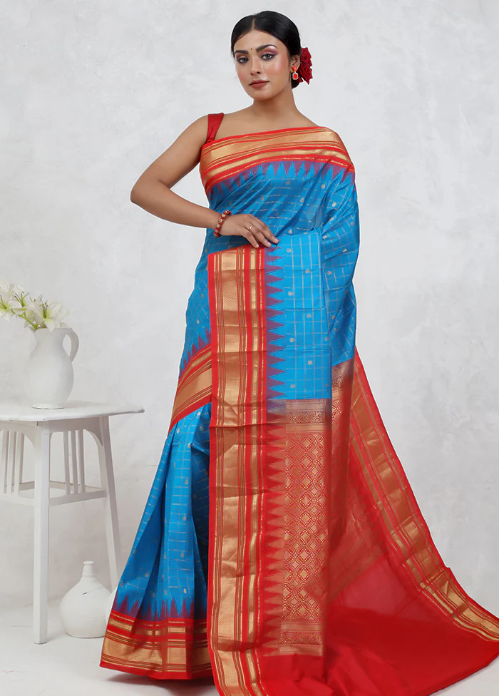 Blue Gadwal Pure Silk Saree Without Blouse Piece - Image 2