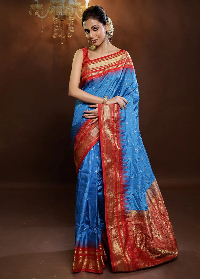 Blue Gadwal Pure Silk Saree Without Blouse Piece - Image 2