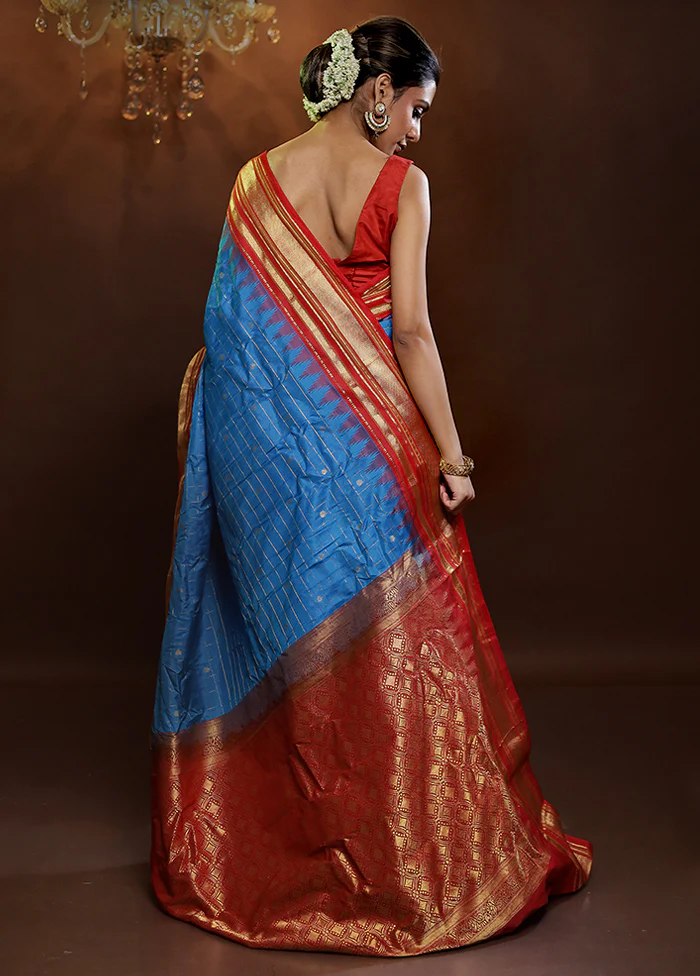 Blue Gadwal Pure Silk Saree Without Blouse Piece - Image 3
