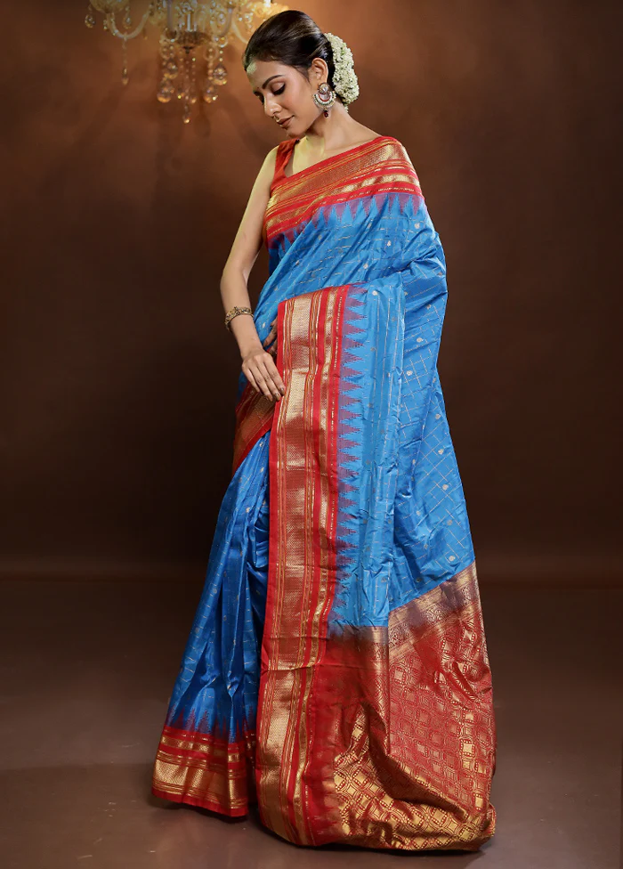 Blue Gadwal Pure Silk Saree Without Blouse Piece - Image 4