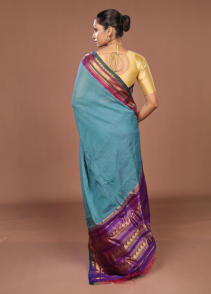 Blue Gadwal Pure Silk Saree Without Blouse Piece - Image 3