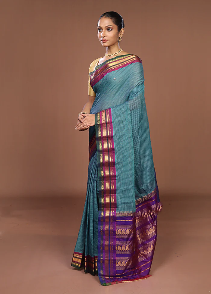 Blue Gadwal Pure Silk Saree Without Blouse Piece - Image 4