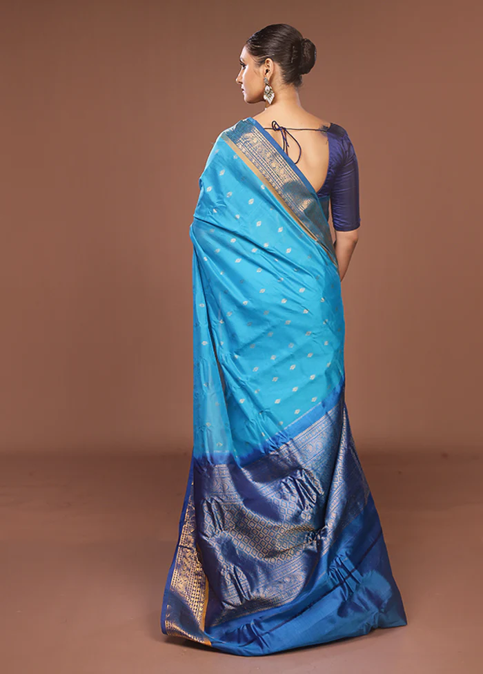 Blue Gadwal Pure Silk Saree Without Blouse Piece - Image 3