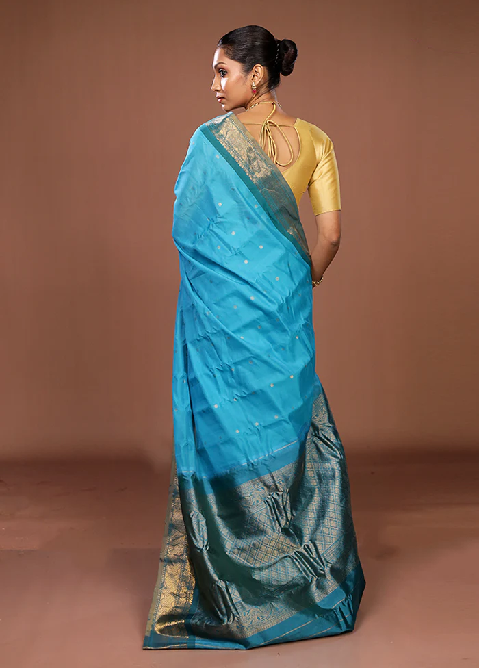 Blue Gadwal Pure Silk Saree Without Blouse Piece - Image 3