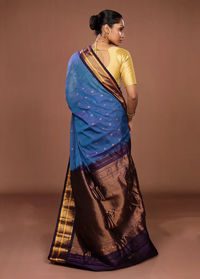 Blue Gadwal Pure Silk Saree Without Blouse Piece - Image 3