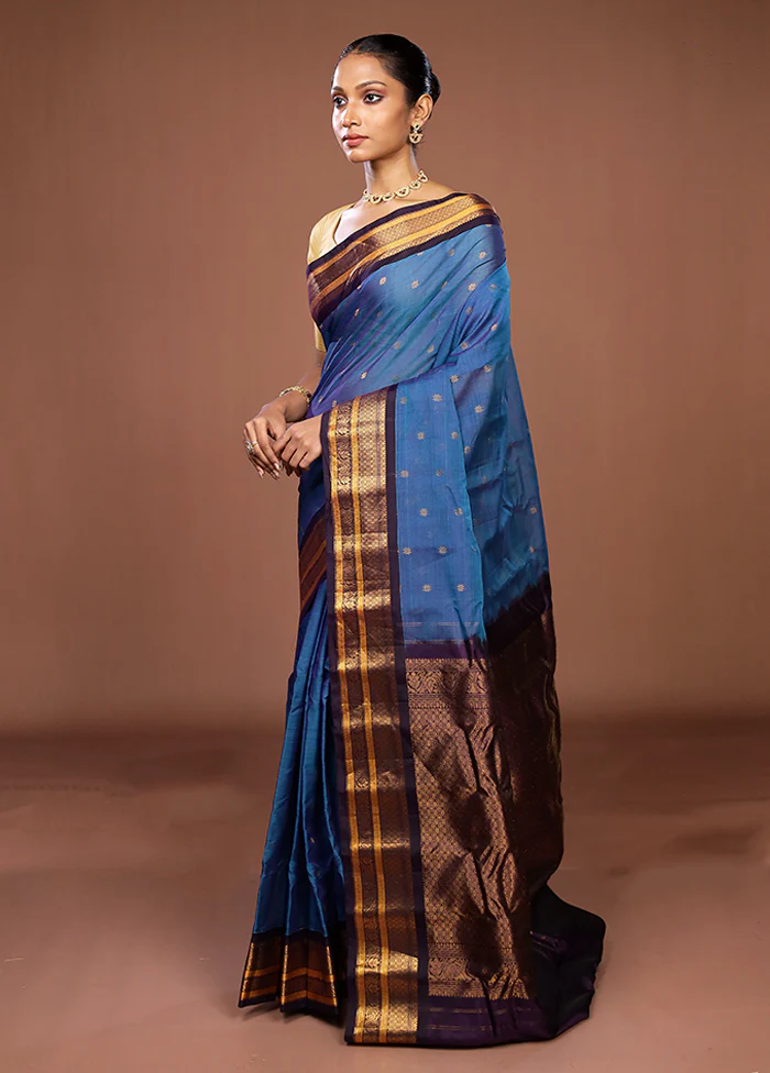 Blue Gadwal Pure Silk Saree Without Blouse Piece - Image 4