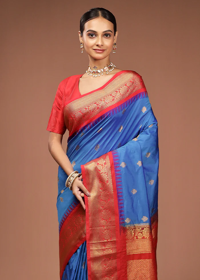 Blue Gadwal Silk Saree Without Blouse Piece