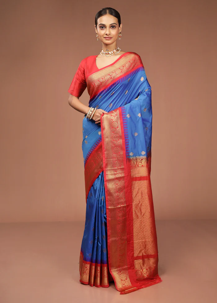 Blue Gadwal Silk Saree Without Blouse Piece - Image 2