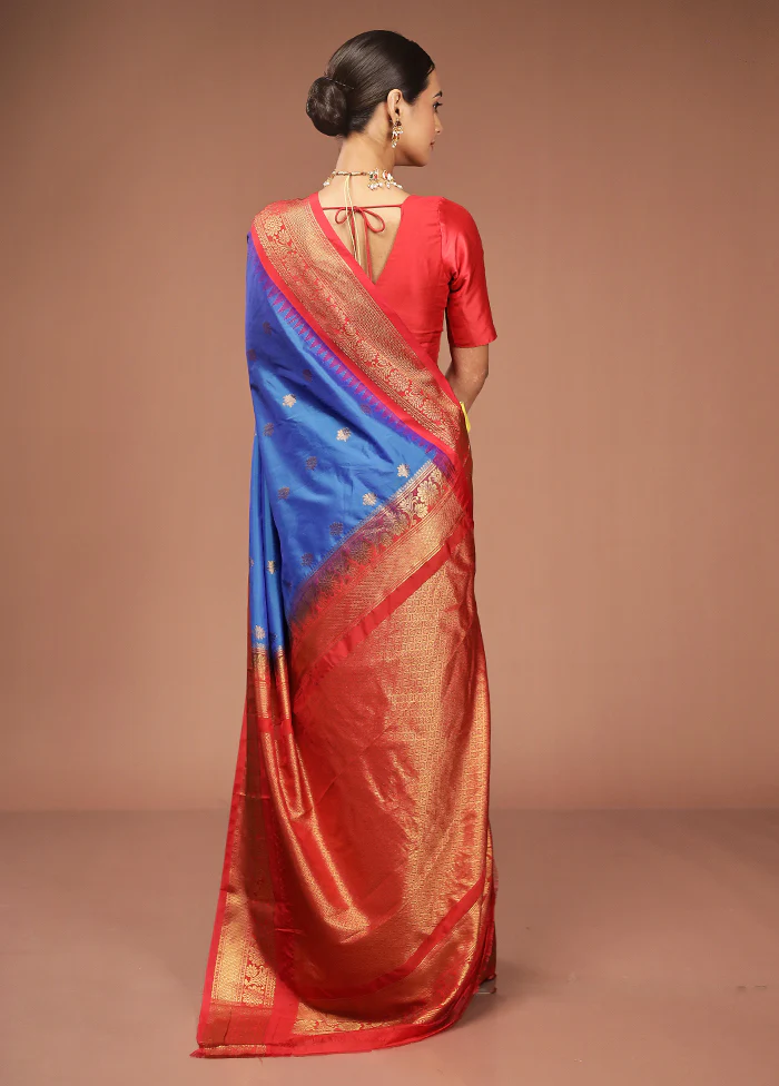 Blue Gadwal Silk Saree Without Blouse Piece - Image 3
