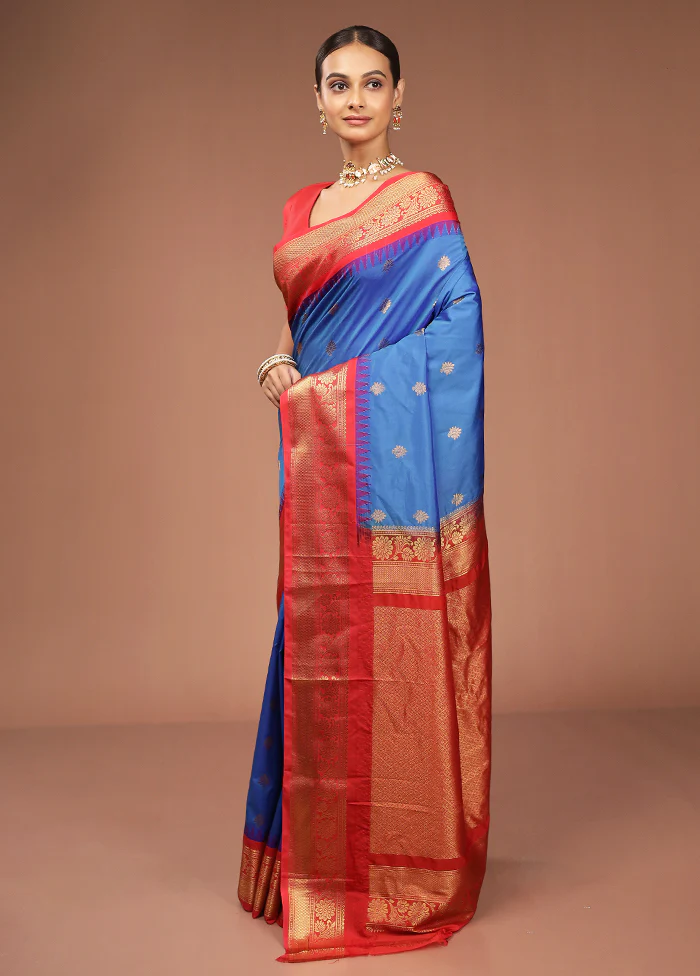 Blue Gadwal Silk Saree Without Blouse Piece - Image 4