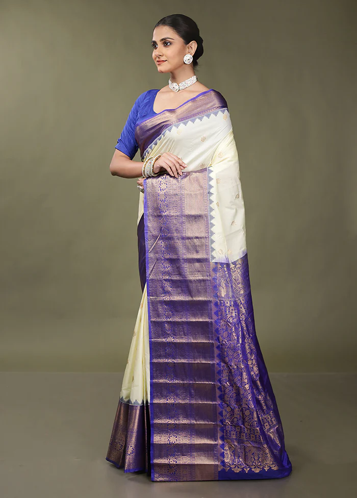 Cream Gadwal Silk Saree Without Blouse Piece - Image 4