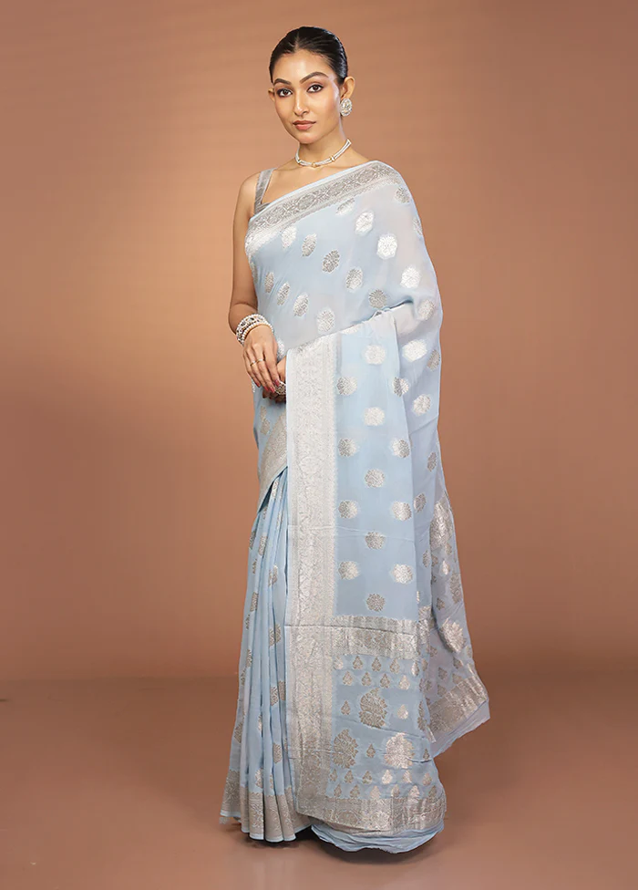 Blue Georgette Saree With Blouse Piece - Image 4
